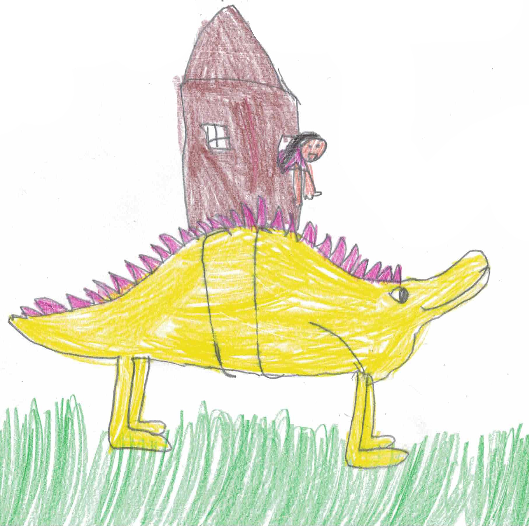 Picture of a dragon with a house on its back